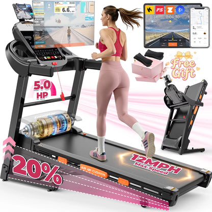 5.0 HP Folding Treadmill with 20-Level Adjustable Incline, 12Mph Speed Running Machine,Treadmill 400 Lb Capacity, Silent Brushless Motor,105 Preset Training Program Electric Treadmills for Home Use